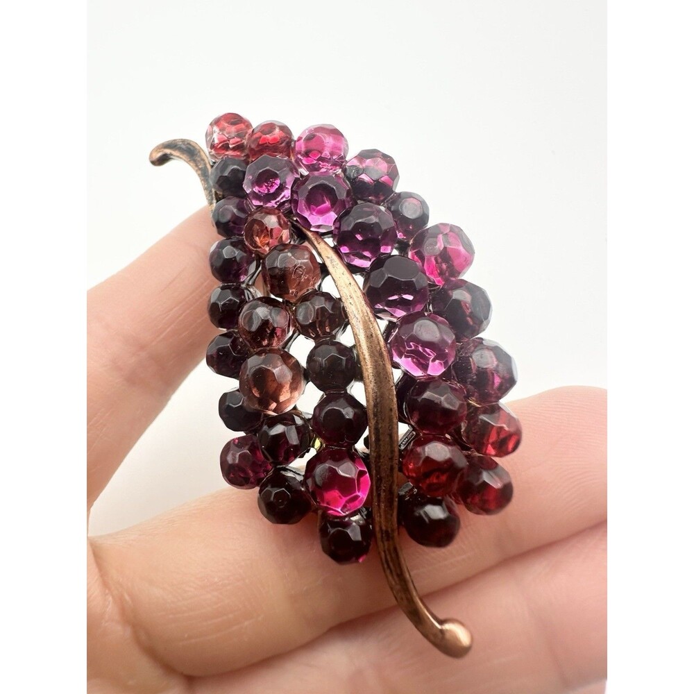 Gold Tone Leaf Fuchsia Glass Briolette Brooch